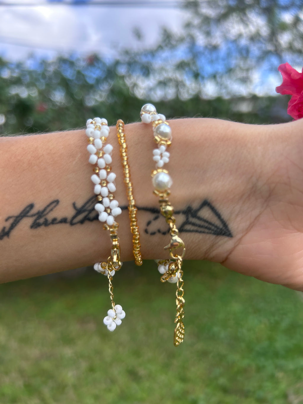 Daisy Flower & Pearl Stacking Bracelet Set (3 Pieces)