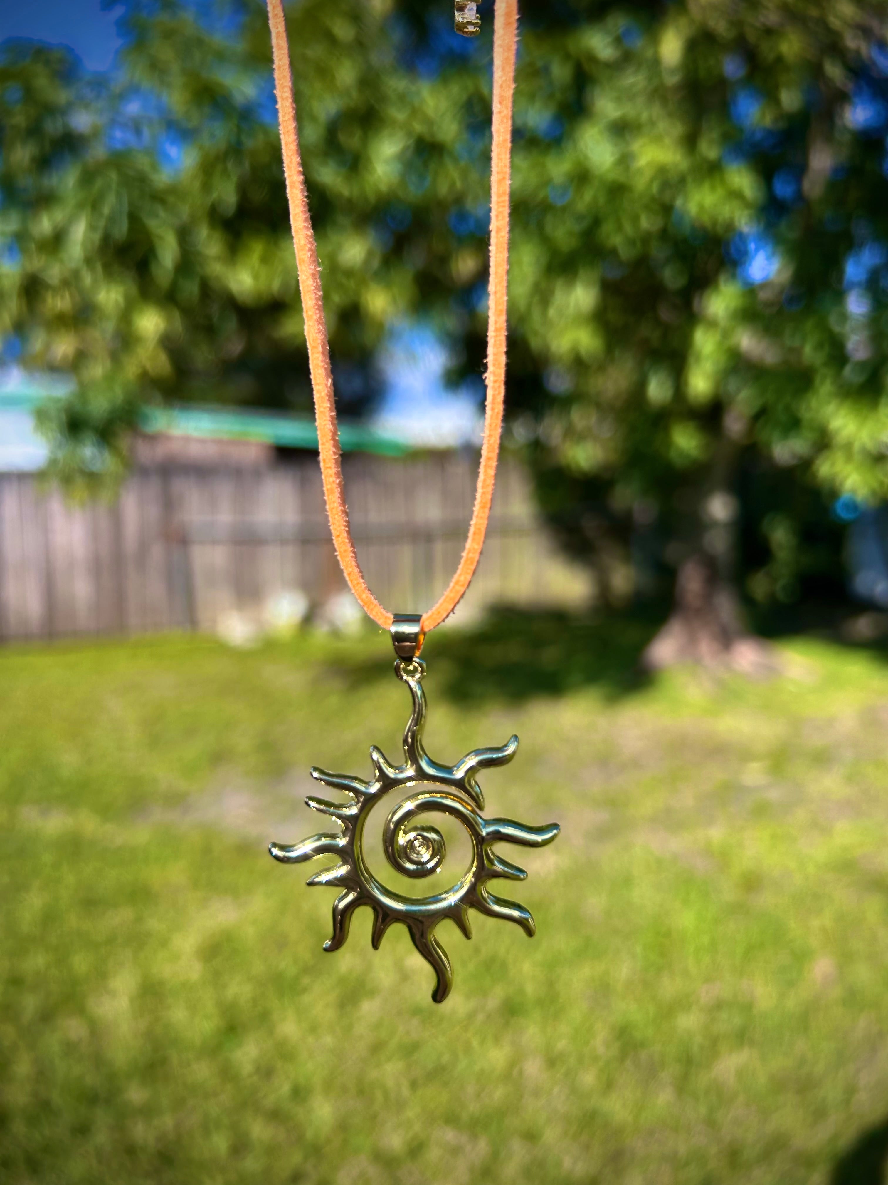 Mystic Sun Pendant Necklace – Boho Suede Choker in Vibrant Orange
