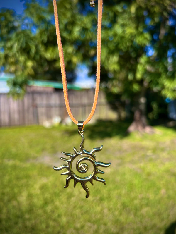 Mystic Sun Pendant Necklace – Boho Suede Choker in Vibrant Orange