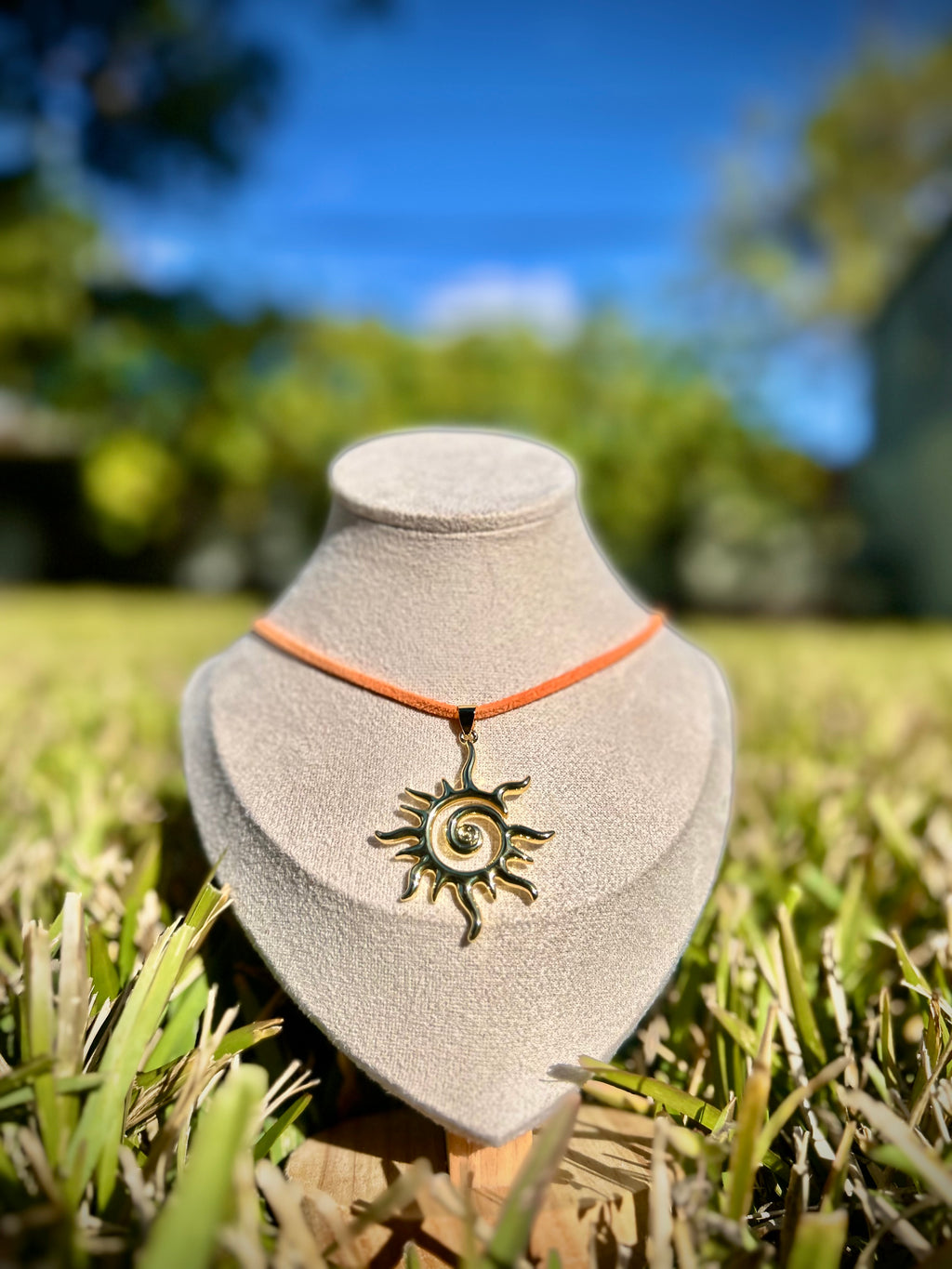 Mystic Sun Pendant Necklace – Boho Suede Choker in Vibrant Orange