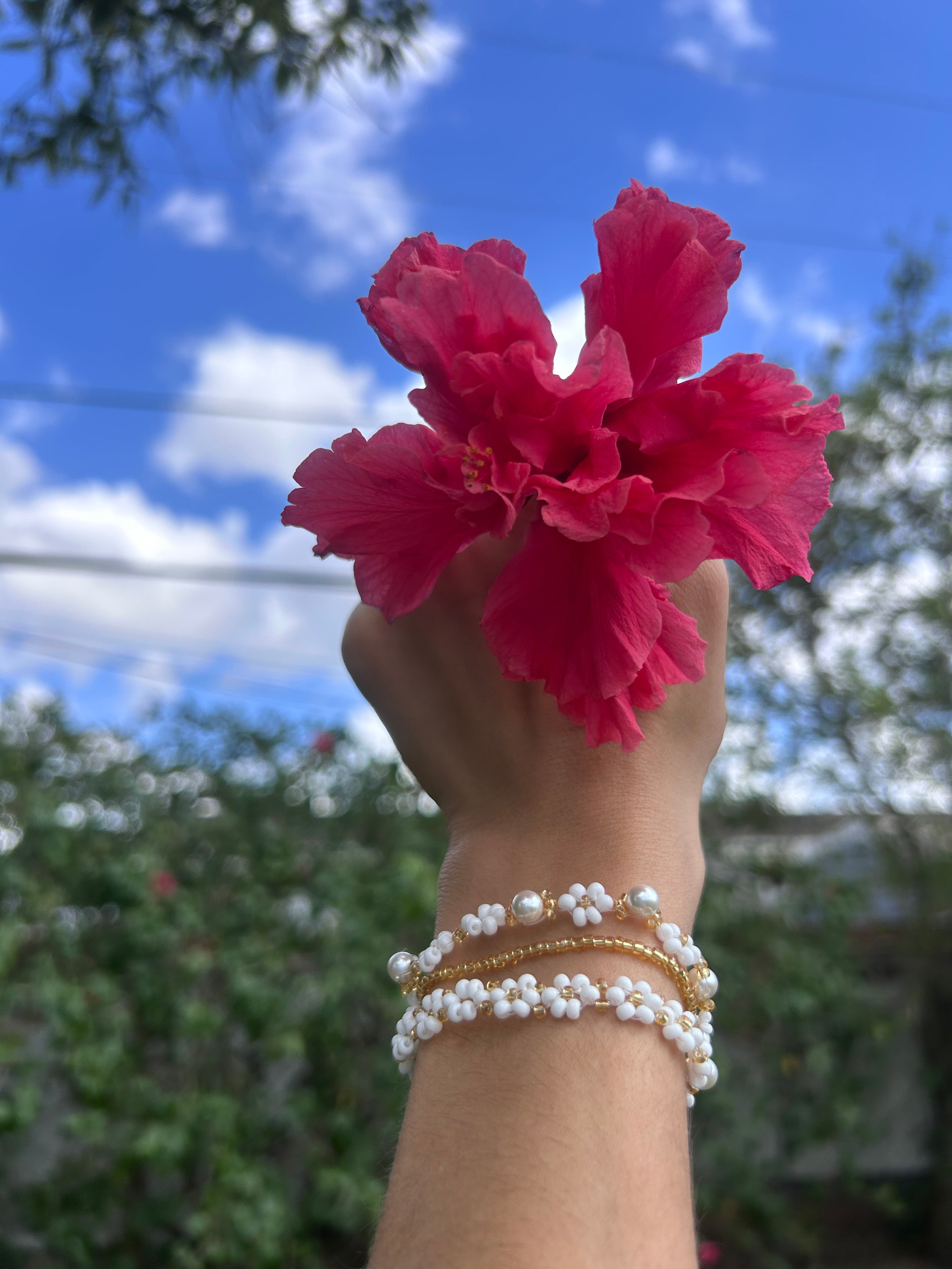 Daisy Flower & Pearl Stacking Bracelet Set (3 Pieces)