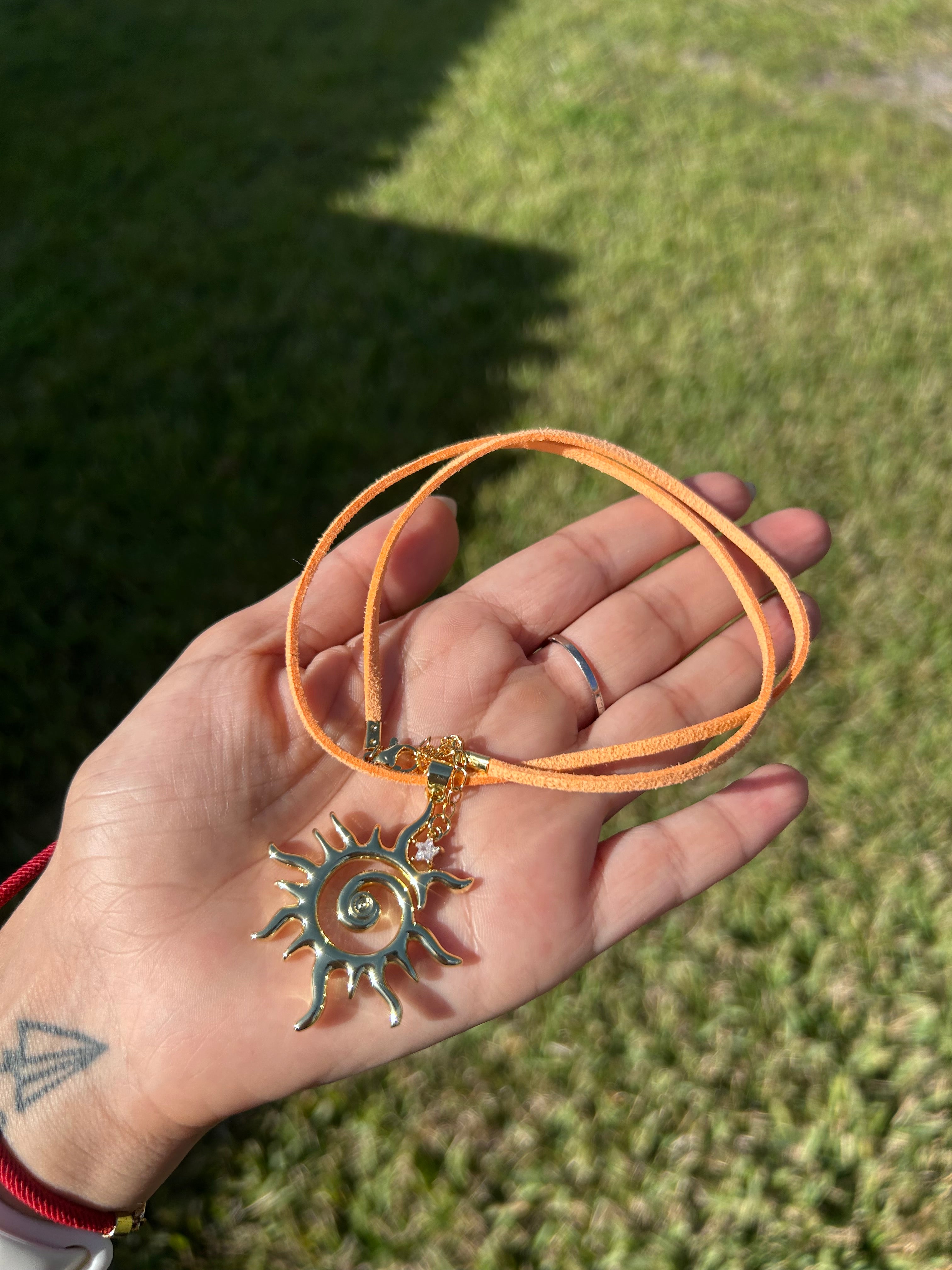 Mystic Sun Pendant Necklace – Boho Suede Choker in Vibrant Orange